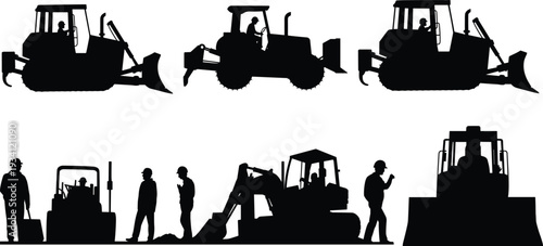Construction machinery and worker silhouettes set, bulldozer excavator loader vehicles with operators, industrial vector illustration isolated on white background for engineering projects