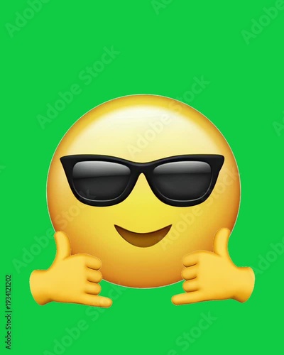 Animated cool emoji wearing sunglasses nodding to the beat and moving hand in shaka gesture on green screen background. Fun music vibe motion graphic for chroma key editing, overlays, and social media