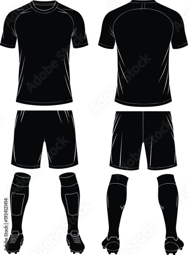 Black soccer uniform front and back view with cleats and shin guards on white football jersey