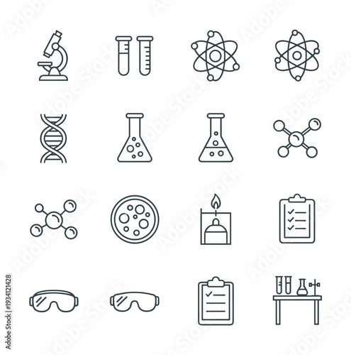 Collection of science and laboratory icons for research and discovery