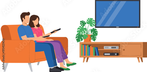 Illustration of a Couple Relaxing on Couch Watching TV for Leisure, Home Entertainment, and Cozy Living Room Moments