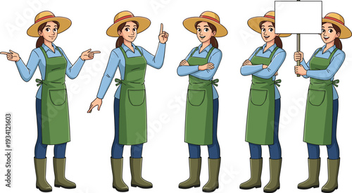 Female farmer character set with different gestures, agriculture and organic farming concept illustration isolated on white background design