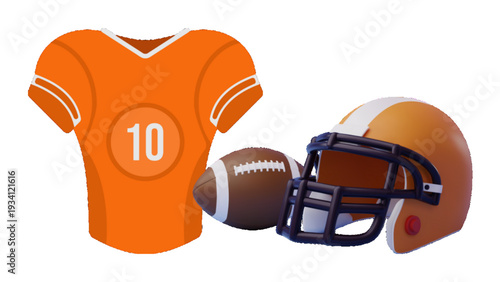 American Football Gear Illustration with Orange Jersey, Helmet and Ball