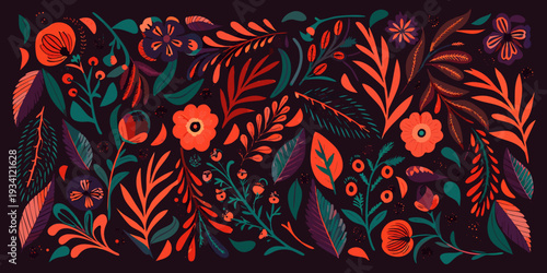 A vibrant stylized floral arrangement with bold colors and organic shapes