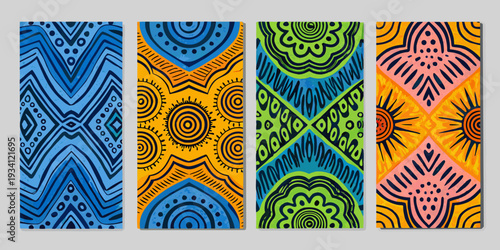 Four vibrant vertically oriented panels displaying intricate bohemian patterned designs