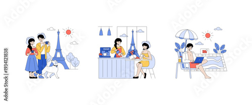 Parisian Vacation Scenes Vector Illustration Set