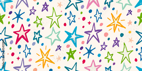 Colorful hand drawn stars and shapes scattered across a cream background