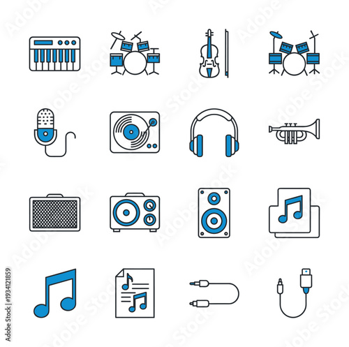 Collection of musical instruments and audio equipment icons in a grid layout