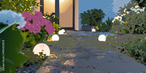 A vibrant garden path illuminated by glowing rounded lights at dusk