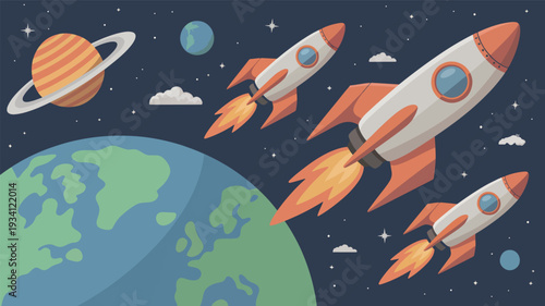 Three cartoon rockets flying through space with planets and stars, spaceship Earth