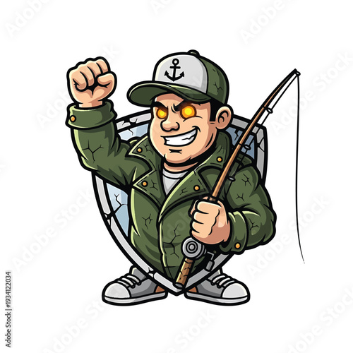 Cartoon fisherman with fishing rod and cracked shield