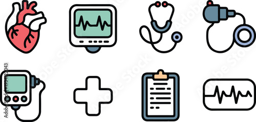 Heart health monitoring icons featuring anatomical heart medical display stethoscope blood pressure and records.