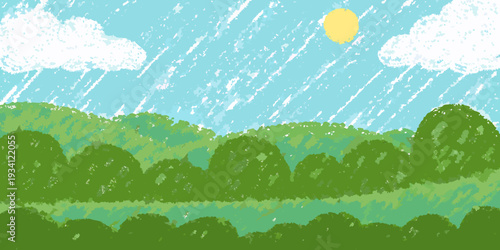 A brightly colored illustration depicting a sunny day with clouds and trees