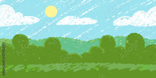 A colorful childlike drawing depicts a sunny day with clouds and trees
