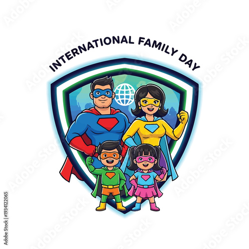Superhero family shield with globe and banner