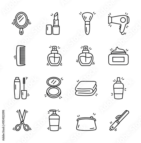 Collection of hand-drawn beauty and personal care icons for a cosmetic routine