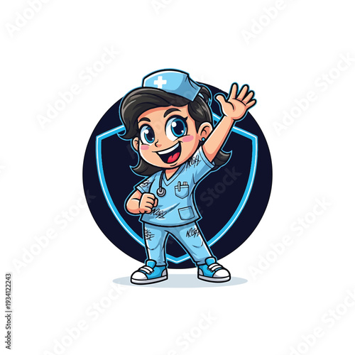 Cheerful nurse character in scrubs with shield backdrop