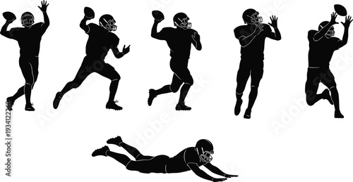 Vector illustration of stylized American football players throwing, diving, and sliding symbolizing sport, teamwork, culture, and education