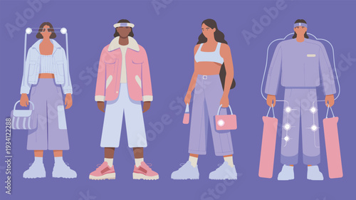 Four diverse people in stylish pastel outfits holding bags in a fashion style purple