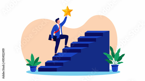 Vector Illustration of a Cartoon Businessman Climbing a Staircase with Briefcase, Reaching for a Star and Surrounded by Flanking Plants in a Peach-Backdropped Environment