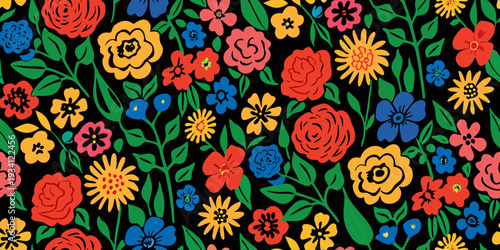 Colorful floral pattern with various blooms against a dark background