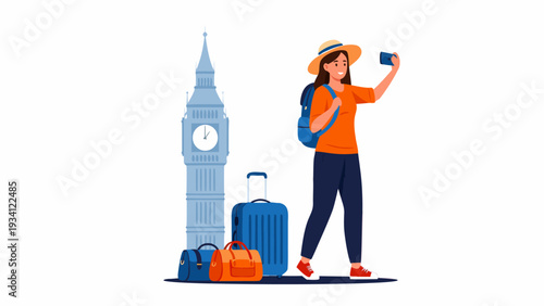 Cartoon woman with orange shirt, blue pants, and backpack holding smartphone near Elizabeth Tower vector illustration with luggage and clock face