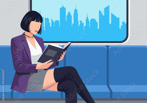 Cartoon Woman in Business Attire Sitting on Blue Bench at City Window, Holding Tablet Illustration Vector Design