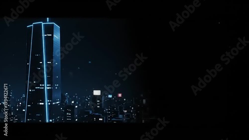 City Skyline with Illuminated Skyscraper at Night.