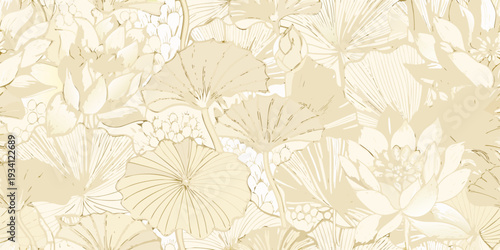 A seamless botanical pattern featuring delicate sketched tropical foliage