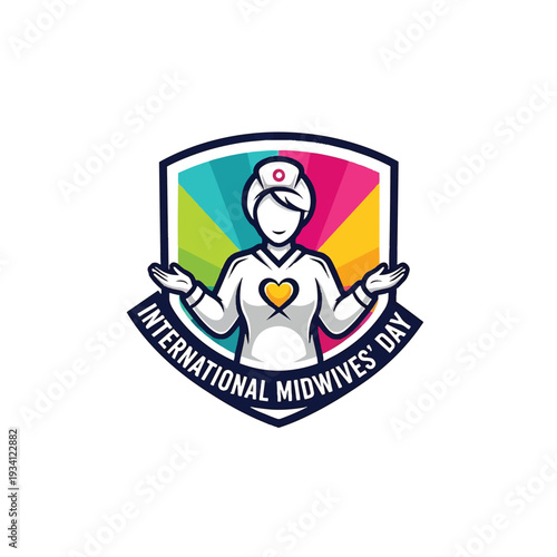 International Midwives Day emblem with nurse figure and rainbow shield