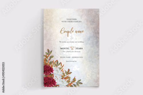 WEDDING INVITATION FRAME WITH FLOWER DECORATIONS AND FRESH LEAVES