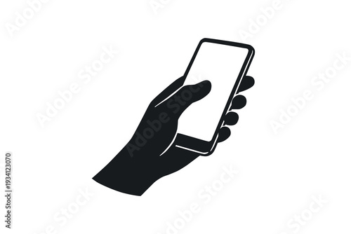 Hand holding smartphone black silhouette. Hand-drawn minimal flat vector illustration perfect for mobile apps, communication, social media, digital technology concepts. Hand with phone icon