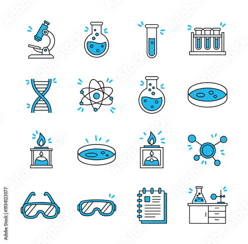 Collection of science and laboratory icons with blue accents on a white background