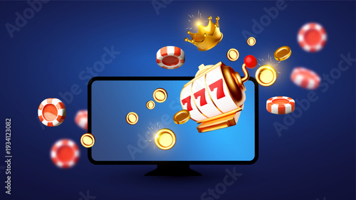 Online gambling design. PC, playing chip and gold coins, money. Casino advertising template. Online game