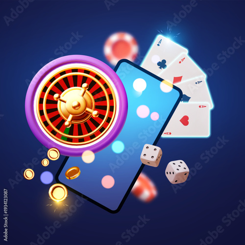 Gambling design. Smartphone, roulette wheel, playing chips, dice and poker cards. Casino advertising template. Mobile game