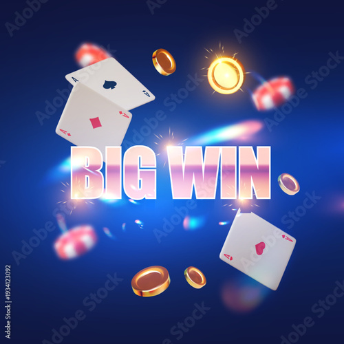 Gambling design. Playing chips, golden coins, poker cards and light effect. Casino advertising template. Mobile game.