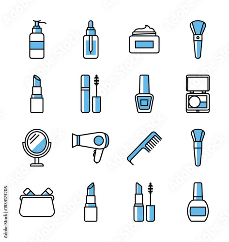 Collection of beauty and cosmetic icons for makeup and hair care routines