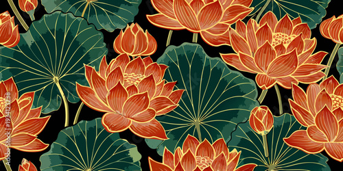 A vibrant seamless pattern of stylized orange lotus flowers and green leaves