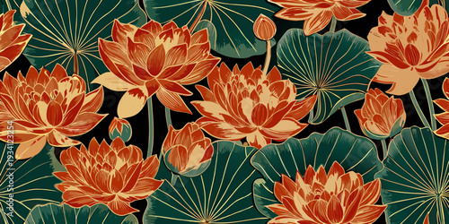 A seamless pattern of vibrant orange and yellow lotus flowers on dark green