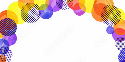 Abstract colorful overlapping circles forming a curved frame on white background