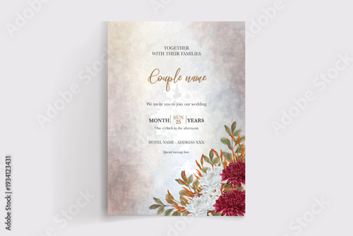 WEDDING INVITATION FRAME WITH FLOWER DECORATIONS AND FRESH LEAVES