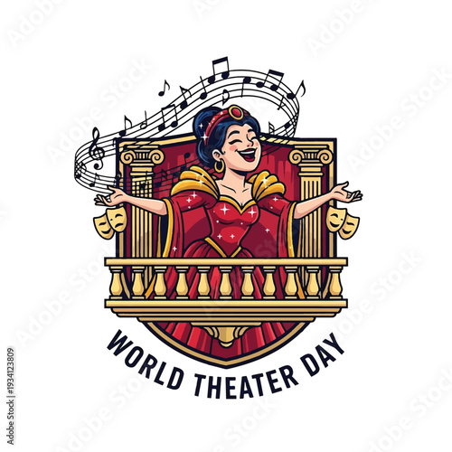 Princess on theater balcony with music notes for World Theater Day