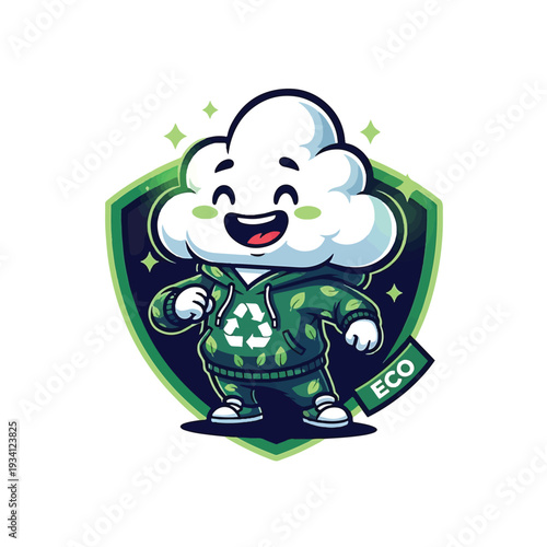 Happy Cloud Mascot in Eco Recycling Outfit on Shield