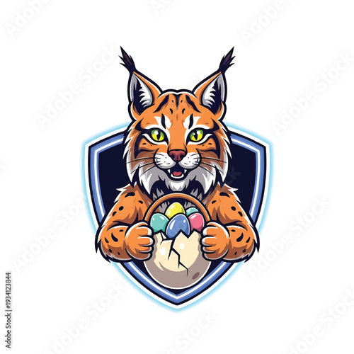 Cartoon lynx holding colorful eggs in front of shield