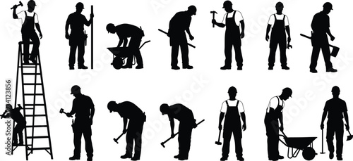 Vector illustration of stylized construction workers using tools and ladders symbolizing labor, industry, culture, and education