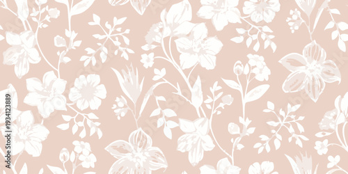 Delicate floral pattern with white blossoms on a soft peach background