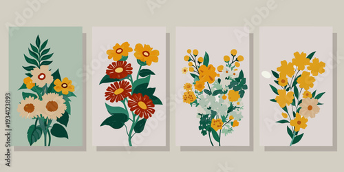 Four botanical wall art prints featuring colorful floral arrangements