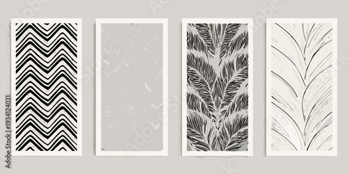 Four abstract botanical prints with varying patterns and neutral tones