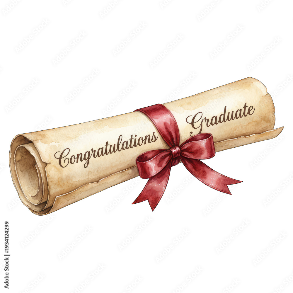 Fototapeta premium Congratulations Graduate Diploma Scroll Watercolor Clipart, Transparent PNG