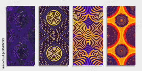Four vibrant rectangular panels displaying abstract swirling patterned designs